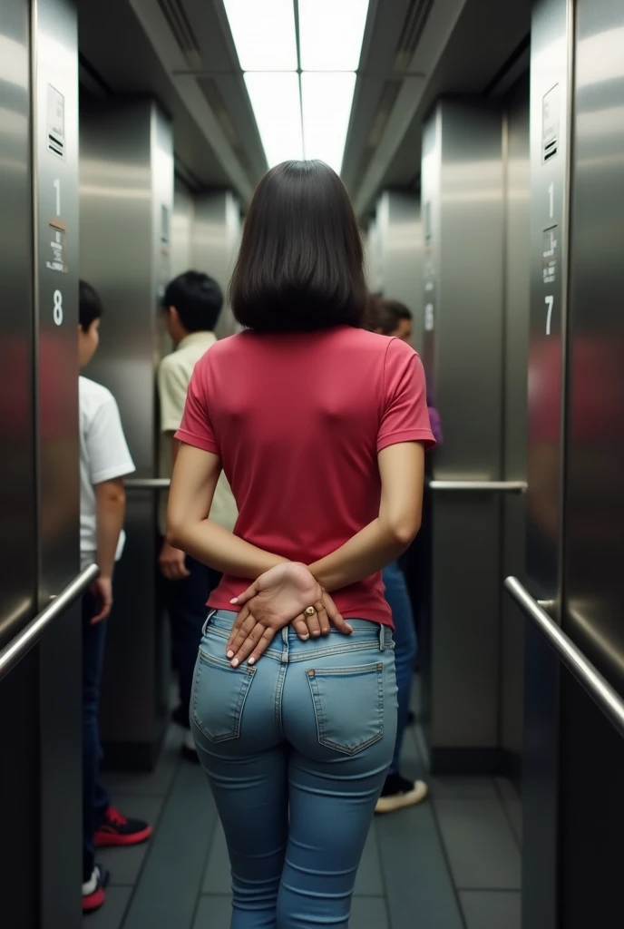 Crowded elevator Back view Up close Leaning forward A Japanese woman having her buttocks touched by elementary school boys Short Bob 20-year-old Smaller head A tightly fitted polo shirt plump thighs Large lower body chubby hips Slender upper body Tight jeans that are clearly visible