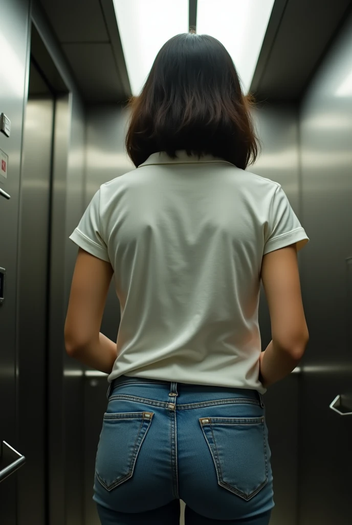 Crowded elevator　Back view　Up close　Leaning forward　A Japanese woman having her buttocks touched by  boys　Short Bob　20-year-old　Smaller head　A tightly fitted polo shirt　plump thighs　Large lower body　chubby hips　Slender upper body　Tight jeans that are clearly visible