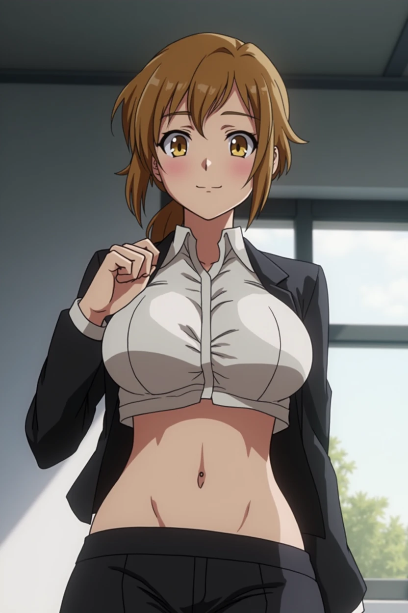 score_9, score_8_up, score_7_up, source_anime, best quality, clear face, Nobara, brown hair, orange eyes, long hair, large breasts, perfect body, running, looking at viewer,smile, wearing sexy uniform clothes,short skirt,black stocklings, dynamic angle, indoor, body,view,big ass,big boobs,in motion,boobs jiggling ,under boob,undre boob visible,sexy under boob