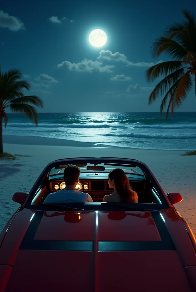 (photorealism:1.2), couple watching the sea in a red and black 1988 camaro on the beach at night