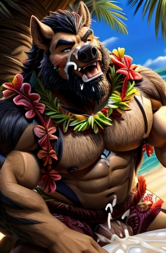 Super muscular adult boar beastman,(Wear Hawaiian traditional clothing:1.7),Open your mouth and stick out your tongue,(Surrounded by erect men:1.2),(a large amount of semen on the face and body,:1.8),Southern Island,(Anal Sex:1.5),Brown fur,Black hair and beard,Kneeling,Tattoo,Close ~ eyes,Huge erect penis