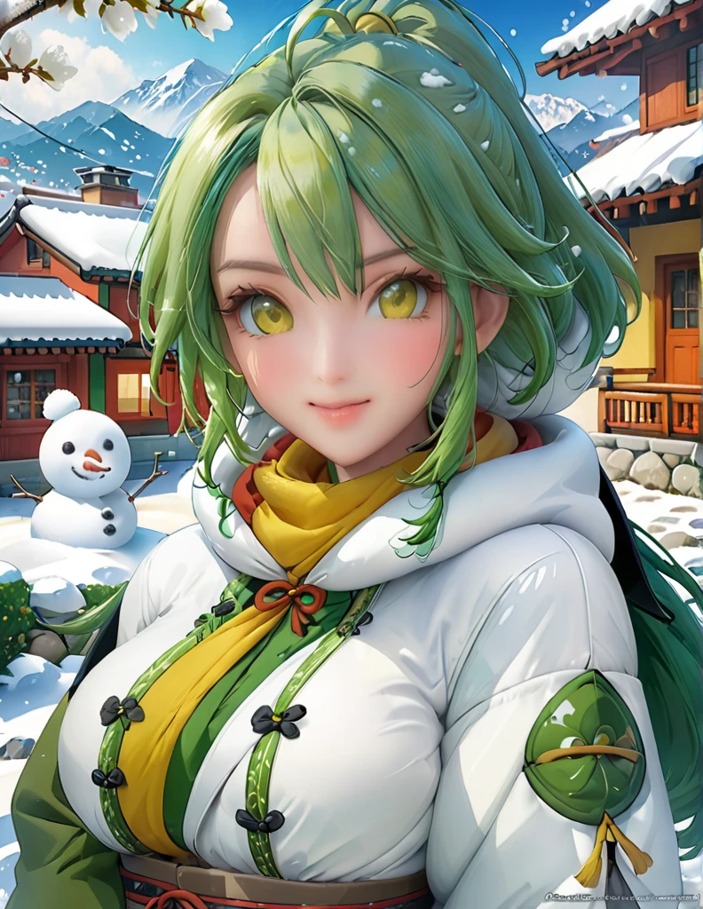 _modelshoot style, banchan is happily building a snowman with olive eyes, single house background, snowy mountains background, snowing, (banchan green hair:0.8), (banchan yellow hair:0.7), (banchan ombre hair:0.4), (focus on banchan: 0.8), Zoom Lens Shot, by studio ghibli, (((masterpiece))), (((best quality))), (extremely detailed CG unity 8k wallpaper)