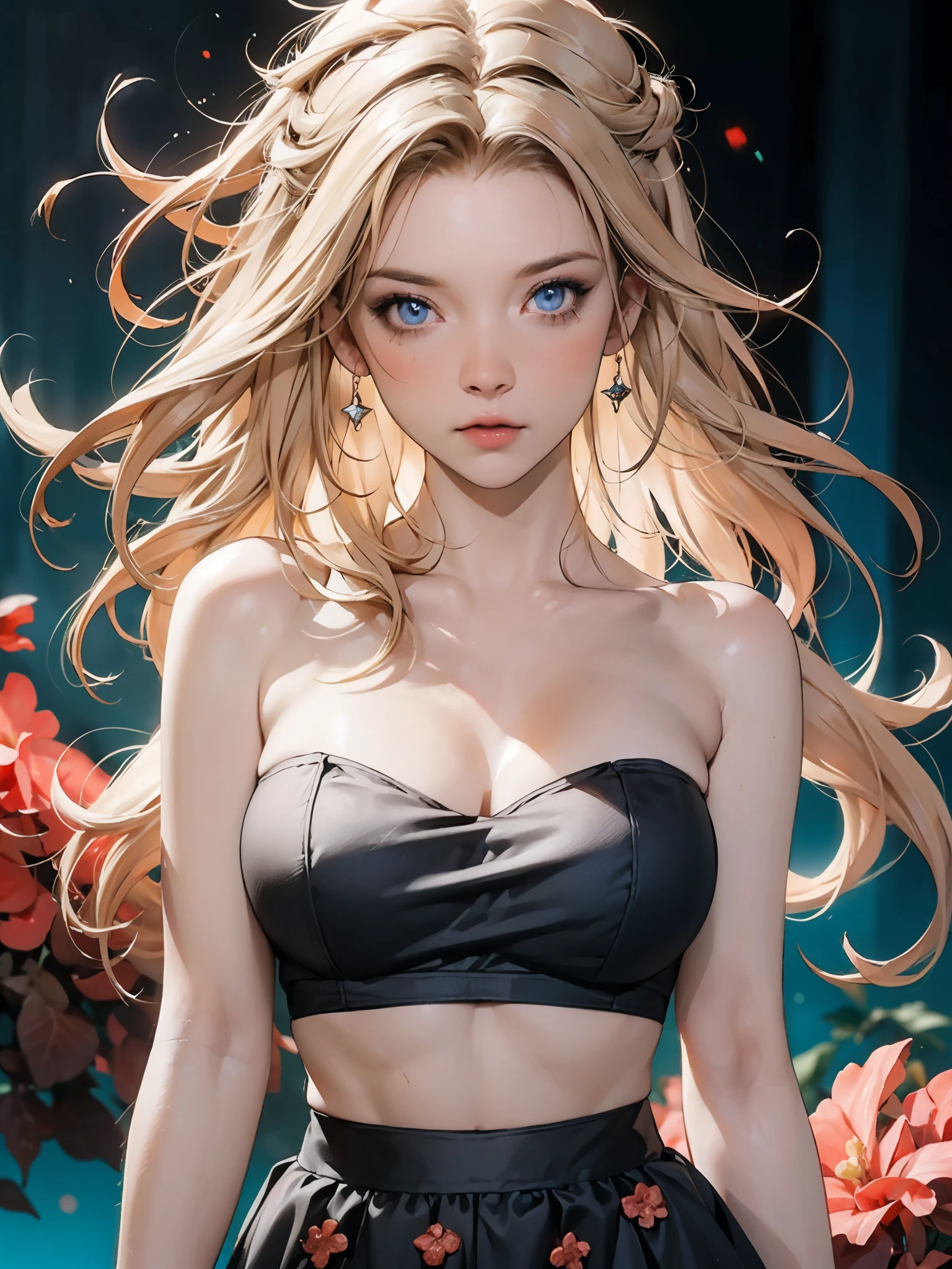 1girl, (red color theme:1.2), scandinavians, long pale blonde hair, (blue eyes:1.2), huge breasts, raised eyebrows, eyelashes, black eyeliner, strapless tube top, tutu skirt, looking at viewer, sharp focus, surrounded by corals, blurred background, blurred foreground, super intricate details textures, colorful corals, bokeh effect, ethereal atmosphere, captivating scene, soft lighting, natural beauty,