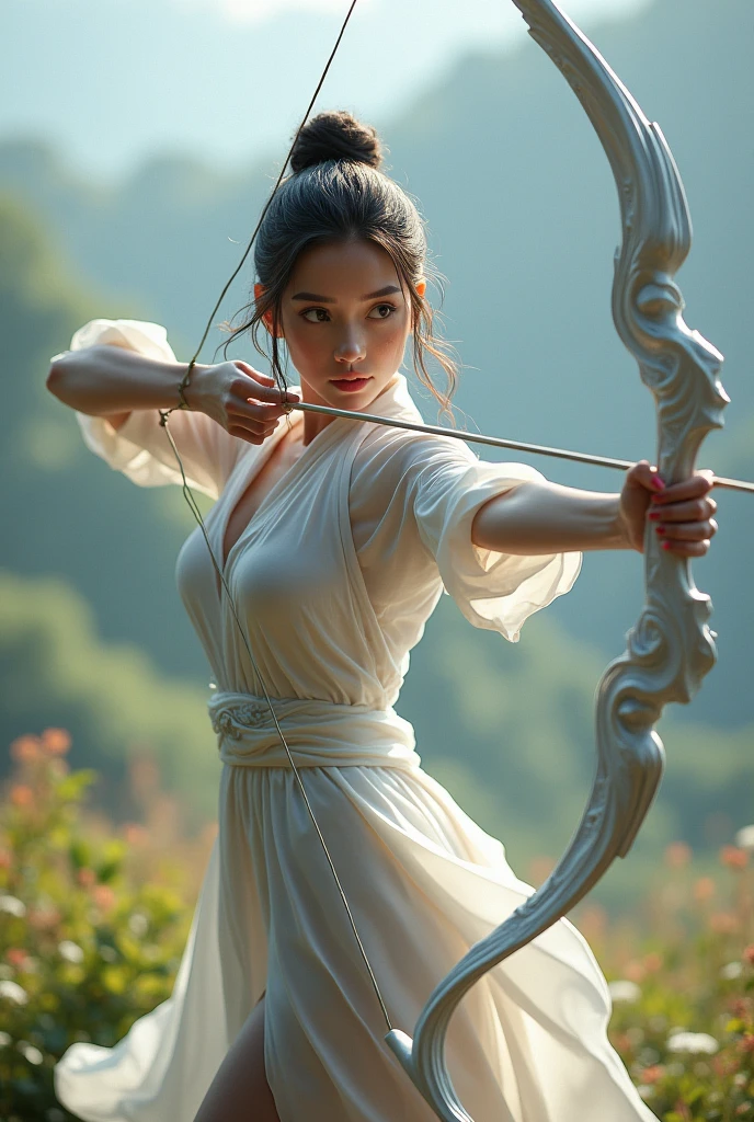 The bow is modern, white, has the power of wind, is agile, and is used by women.