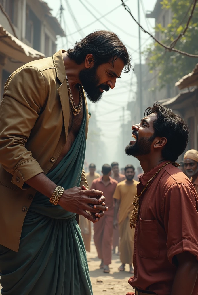 A rich indian man abusing and insulting the poor man.