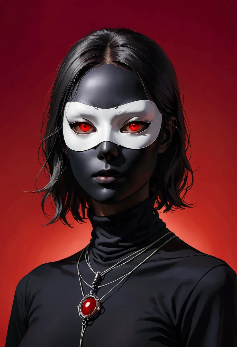mug shot, portrait of a human wearing a black turtleneck and white glowing eyes mask with two long thin strings hanging from the top to bottom on both sides against a red background