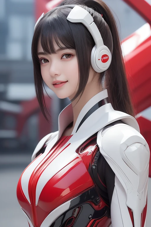 Top Quality, Masterpiece, Ultra High Resolution, (Photorealistic: 1.4), Raw Photo, 1 Girl, Black Hair, Glossy Skin, 1 Mechanical Girl, (((Ultra Realistic Details)), Portrait, Global Illumination, Shadows, Octane Rendering, 8K, Ultra Sharp, Intricate Ornaments Details, realistic skin, sweat effect, ((wearing Headphone)), very intricate detail, realistic light, CGSoation trend, brown eyes, glowing eyes, matte red and glossy white mechanical bodysuit, Long hair, black hair, Ponytail hair, Half body shot, spaceship bridge background, dynamic pose, cute smile, close up, Open Mouth, red collar, white suit