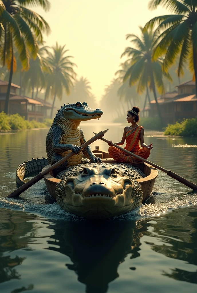 Crocodile rowing a canoe sitting on one end in the kerala backwaters and a nihiniyattan dancer suttung in thr other end