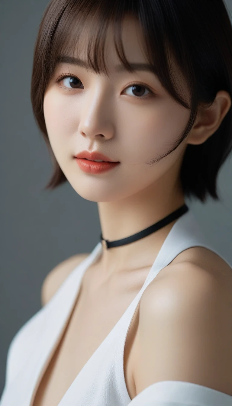 8k, Ultra-high resolution, Highest quality, masterpiece, 三分割法によるphotograph,Surreal, photograph, 1 Girl, (:1.3), pretty girl, Cute Face, 細部までBeautiful Eyes, 細かくdetailedに,masterpiece,One Girl:1.2,Japanese female announcer,close up,smile,Black Hair,Bowl cut(Ultra-realistic) , (figure), (Increase the resolution), (8k), (非常にdetailedな), (best figure), (Beautiful attention to detail), (Highest quality), (非常にdetailedな), (masterpiece), (wallpaper), (detailedな顔), alone,1 girl, Looking at the audience, Subtle details, detailedな顔s, In the Dark, Deep Shadow, Modest,Pure Erotic Face Ace_v1, smile,Attractive girl、16 years oldmale body:1.4)、(女の子のポートレートphotograph:1.4Photorealistic images:1.4),Fantasy art,(Beautiful Face:1.4),Beautiful and attractive eyes、Beautiful Eyes、(Tight waist:1.4)、(9 Beautiful girls with perfect body proportions:1.4),Red lips,(choker:1.4),Looking at the audience,(((Ideal body type))),A-cup small breasts :2,、Portraiture:2、Perfect Anatomy、鮮明なdetailed、detailed,Fashion magazine cover,Thin lips,Gray background ,完璧でBeautiful Face ,完璧でCute Face, Skin with attention to detail, Perfect limbs、Narrow waist,Looking at the audience,(((Ideal body type))),A cup small breasts :2,Portraiture:2,Perfect Anatomy,鮮明なdetailed,detailed,Surreal,Light and shadow,spotlight