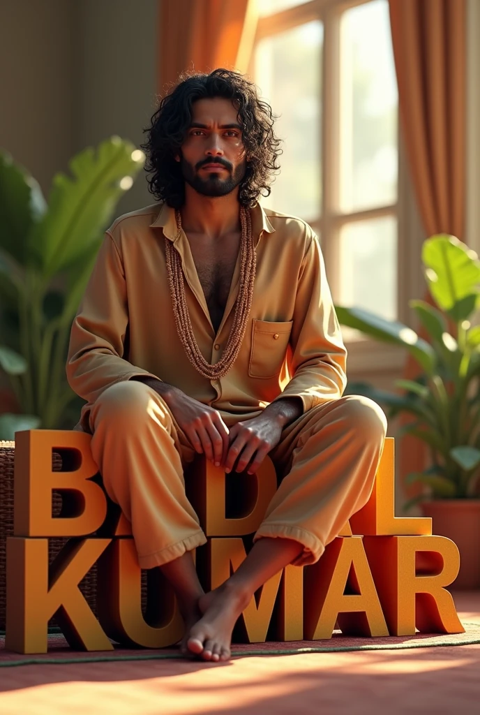 (photorealism:1.2),3D name is 'BADAL KUMAR' in big size and full image of 3D name and its colour like a Indian flag beautiful man, siting on her 3D name, wearing like a Indian soulger-shoulder top, pajama pants, long curly hair, indoors, soft lighting, plants in background, window with sunlight, cozy room, relaxed pose, realistic, intricate details, warm colors, by Greg Rutkowski, by Alphonse Mucha