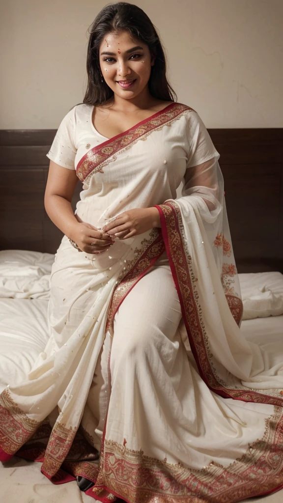 Day scene, full body photo of a plus sized indian woman , teeths visibly laughing face, face, top view, (Masterpiece, Best Quality, High Resolution), bedroom Background, (cum Splash on her face , cum Splash on her face and breasts, Splash of cum on face, cum Splash on her blouse, cum Splash on her eys), hour glass body red lips, lightly makeup,ultra realistic, realistic, look at viewer (cinematic:1.3), intricate details,