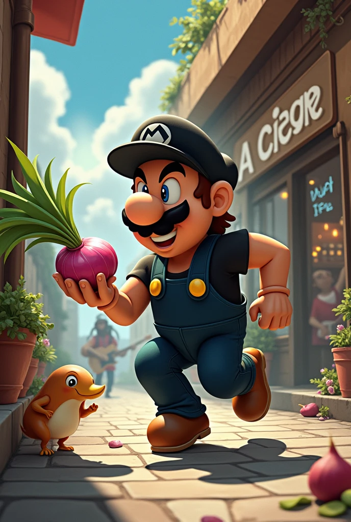 brown skin black hat and uniform
mario with small legs and body with giant forearms with big lips running and stealing pink radish and onion from a cafe named A Cafe dua lipa singing inside ,with a platypus as a pet