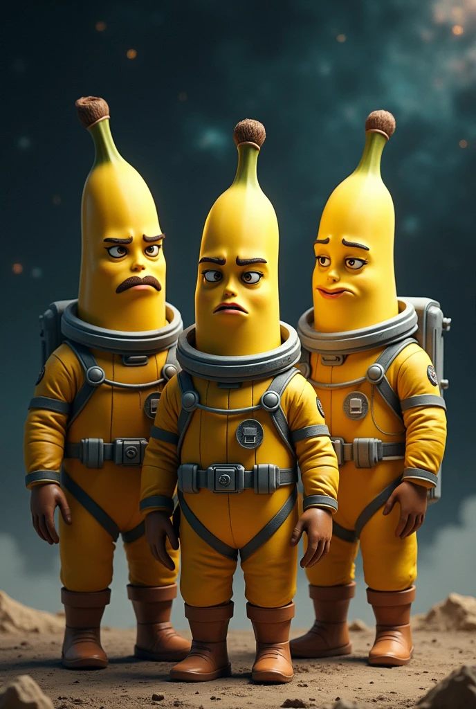 Generates three animated bananas, serious with space suits and a serious face