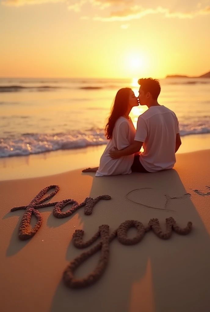 A couple of lovers sitting at a sunset on the beach And in the sand is written the word  "for you "
And a heart in Spanish
