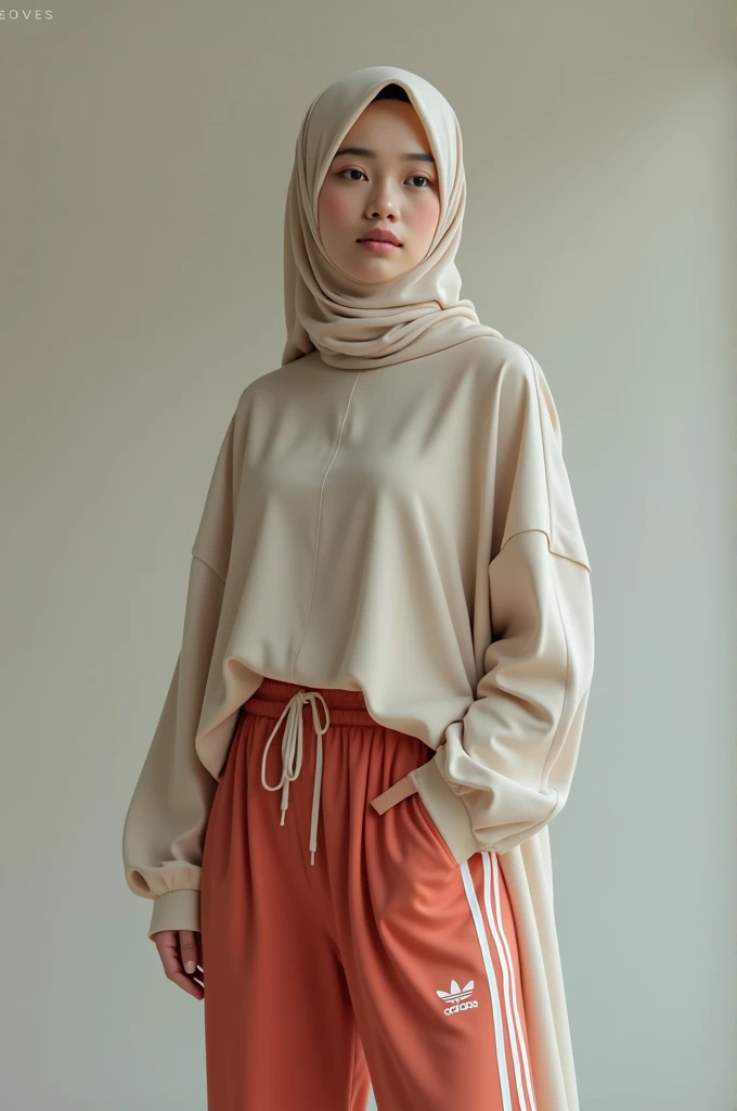a Malay woman wearing a hijab and adidas pants