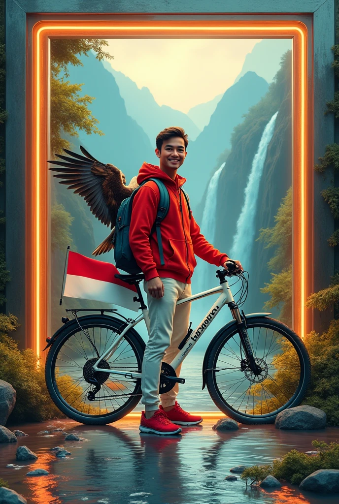 Gambar 4D abstrak seorang pria ganteng wajah polos bersih tersenyum memakai jaket red celana putih sepatu catch red, carry a backpack,ada sebuah bendera red putih indonesia dengan tiang kayu berada di punggungnya ,dia sedang berdiri dgn sepeda mountain putih yg berada disampingnya tangan pada stang sepeda,an eagle's tail is on his shoulder ,mountain,tree,waterfall and flowing river are such a beautiful contrasting view in a cracked frame of shining platinum metal,whole picture with color,,milk gold,blue,red,green,black,cream ,create a unique and fantastic effect image the image in the frame comes out of the frame at the bottom of the frame the background of the frame remains a plain color there is still a little water flowing out at the bottom of the frame and fish rocks a fantastic image ,with a touch of neon on the side of the frame and a reflective shadow at the bottom of the frame,shiny,side view details