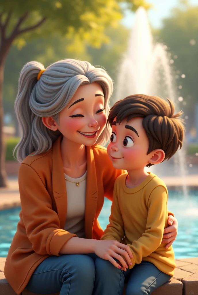 score_9, score_8_above, score_7_above, fountain_cheered up, 1 chico, 1 girl, mature woman is smiling, mother and son, child, sitting next to each other, looking at each other,