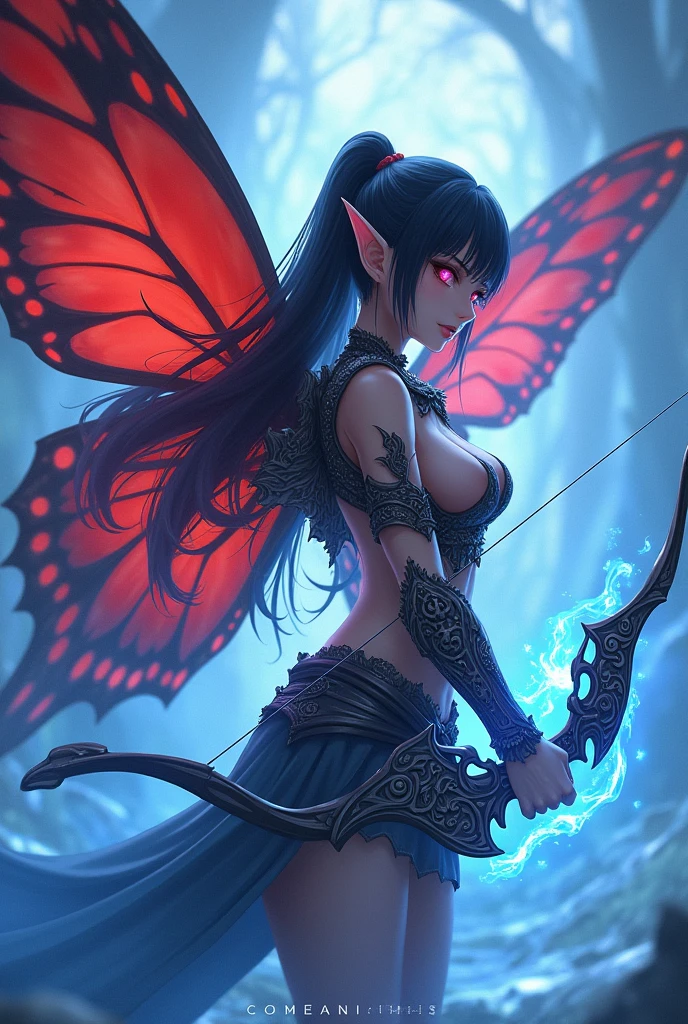 Woman, elfo,with red butterfly wings, metal armor, blackquality hair, blue magic over the scenery. bow and arrow, アニメ