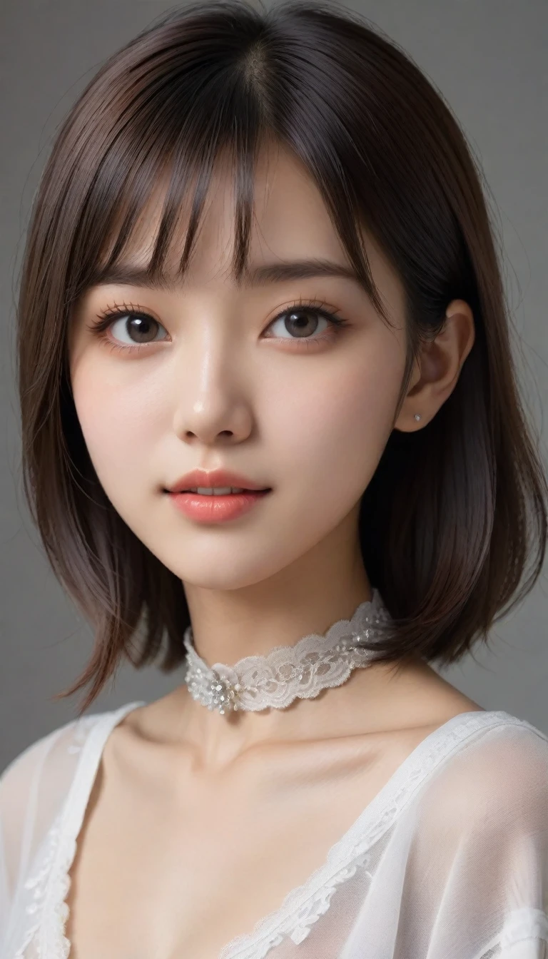 8k, Ultra-high resolution, Highest quality, masterpiece, 三分割法によるphotograph,Surreal, photograph, 1 Girl, (:1.3), pretty girl, Cute Face, 細部までBeautiful Eyes, 細かくdetailedに,masterpiece,One Girl:1.2,Japanese female announcer,close up,smile,Black Hair,Bowl cut(Ultra-realistic) , (figure), (Increase the resolution), (8k), (非常にdetailedな), (best figure), (Beautiful attention to detail), (Highest quality), (非常にdetailedな), (masterpiece), (wallpaper), (detailedな顔), alone,1 girl, Looking at the audience, Subtle details, detailedな顔s, In the Dark, Deep Shadow, Modest,Pure Erotic Face Ace_v1, smile,Attractive girl、16 years oldmale body:1.4)、(女の子のポートレートphotograph:1.4Photorealistic images:1.4),Fantasy art,(Beautiful Face:1.4),Beautiful and attractive eyes、Beautiful Eyes、(Tight waist:1.4)、(9 Beautiful girls with perfect body proportions:1.4),Red lips,(choker:1.4),Looking at the audience,(((Ideal body type))),A-cup small breasts :2,、Portraiture:2、Perfect Anatomy、鮮明なdetailed、detailed,Fashion magazine cover,Thin lips,Gray background ,完璧でBeautiful Face ,完璧でCute Face, Skin with attention to detail, Perfect limbs、Narrow waist,Looking at the audience,(((Ideal body type))),A cup small breasts :2,Portraiture:2,Perfect Anatomy,鮮明なdetailed,detailed,Surreal,Light and shadow,spotlight