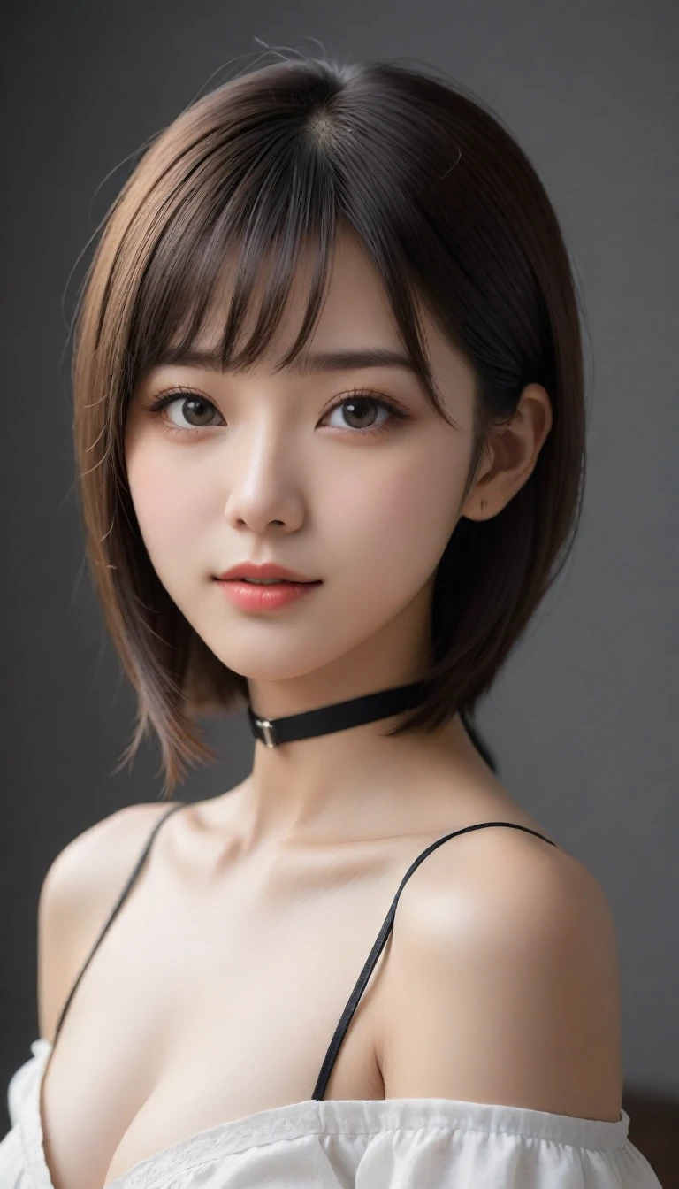 8k, Ultra-high resolution, Highest quality, masterpiece, 三分割法によるphotograph,Surreal, photograph, 1 Girl, (:1.3), pretty girl, Cute Face, 細部までBeautiful Eyes, 細かくdetailedに,masterpiece,One Girl:1.2,Japanese female announcer,close up,smile,Black Hair,Bowl cut(Ultra-realistic) , (figure), (Increase the resolution), (8k), (非常にdetailedな), (best figure), (Beautiful attention to detail), (Highest quality), (非常にdetailedな), (masterpiece), (wallpaper), (detailedな顔), alone,1 girl, Looking at the audience, Subtle details, detailedな顔s, In the Dark, Deep Shadow, Modest,Pure Erotic Face Ace_v1, smile,Attractive girl、16 years oldmale body:1.4)、(女の子のポートレートphotograph:1.4Photorealistic images:1.4),Fantasy art,(Beautiful Face:1.4),Beautiful and attractive eyes、Beautiful Eyes、(Tight waist:1.4)、(9 Beautiful girls with perfect body proportions:1.4),Red lips,(choker:1.4),Looking at the audience,(((Ideal body type))),A-cup small breasts :2,、Portraiture:2、Perfect Anatomy、鮮明なdetailed、detailed,Fashion magazine cover,Thin lips,Gray background ,完璧でBeautiful Face ,完璧でCute Face, Skin with attention to detail, Perfect limbs、Narrow waist,Looking at the audience,(((Ideal body type))),A cup small breasts :2,Portraiture:2,Perfect Anatomy,鮮明なdetailed,detailed,Surreal,Light and shadow,spotlight
