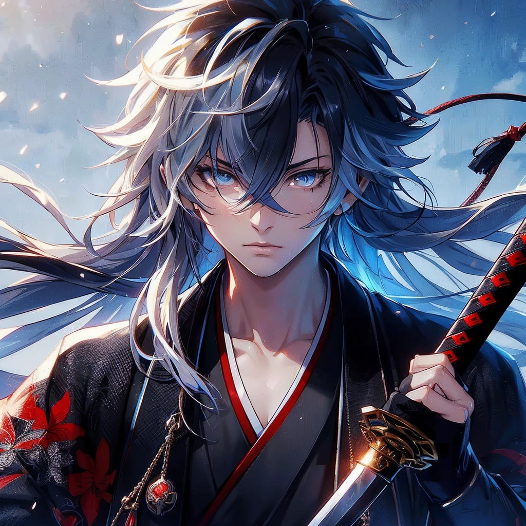 a badass anime male character with a sword and a blue eye, highly detailed, 8k, 4k anime wallpaper, handsome anime killer style, cinematic lighting, dramatic shadows, elegant pose, intricate character design, vivid colors, dynamic composition, photorealistic, masterpiece, (best quality, 4k, 8k, highres, masterpiece:1.2), ultra-detailed, (realistic, photorealistic, photo-realistic:1.37)
