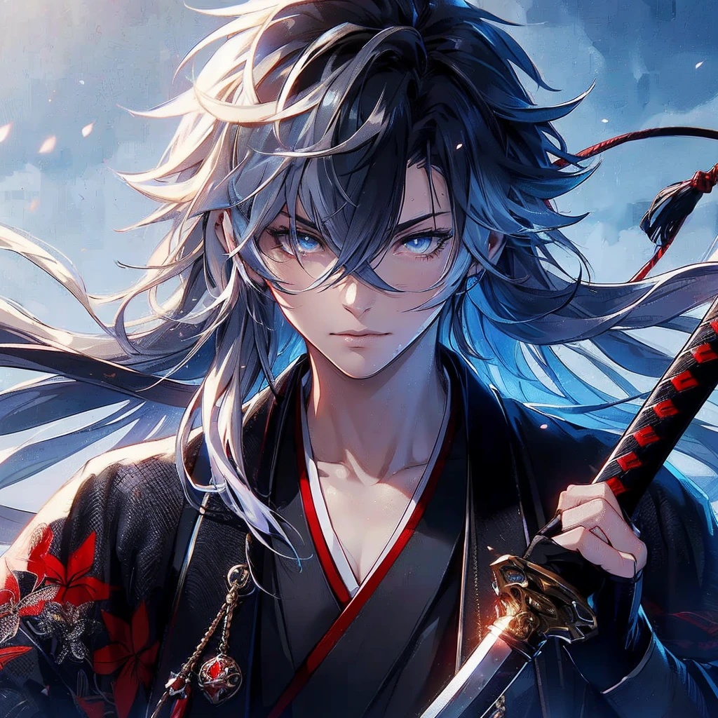 a badass anime male character with a sword and a blue eye, highly detailed, 8k, 4k anime wallpaper, handsome anime killer style, cinematic lighting, dramatic shadows, elegant pose, intricate character design, vivid colors, dynamic composition, photorealistic, masterpiece, (best quality, 4k, 8k, highres, masterpiece:1.2), ultra-detailed, (realistic, photorealistic, photo-realistic:1.37)