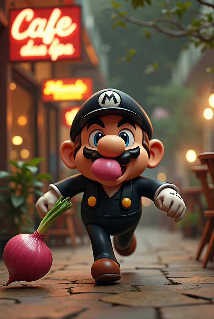 brown skin black hat and uniform 
mario with small legs and body with giant forearms with big lips running and stealing pink radish and onion from a cafe named A Cafe dua lipa singing inside ,with a platypus as a pet