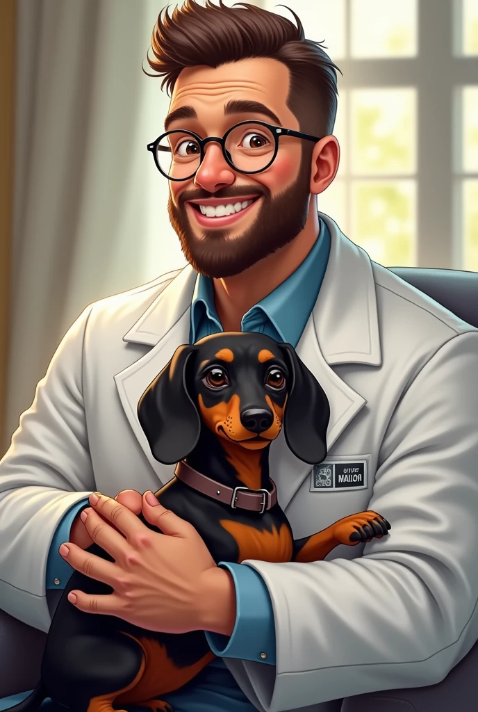 A 28 year old man, with a strong build and round face. Brown hair and brown beard.
glasses: Make sure to include round prescription glasses. dressed in a doctor's coat. With your dog on your lap, Dachshund breed, black color, which is a breed with an elongated body and short legs. Include a name collar "Mailon".