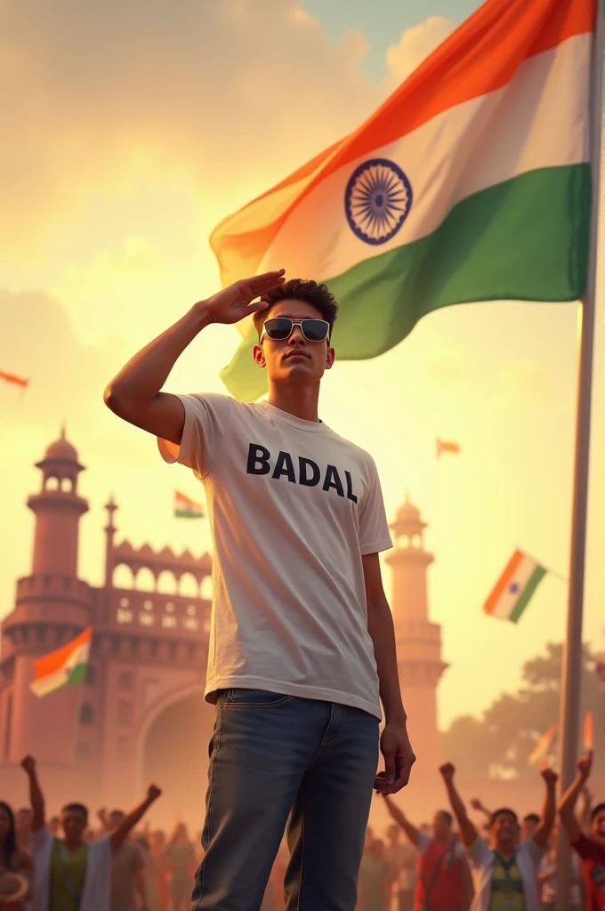 Create a realistic picture of an 18-year-old boy wearing a white t-shirt and blue jeans. He is saluting a big flying Indian flag, with the Red Fort in the background. The name “Badal” is written on his t-shirt in bold letters, sunglasses. The overall image should have a divine background, reminiscent of Indian Republic Day, with people celebrating.