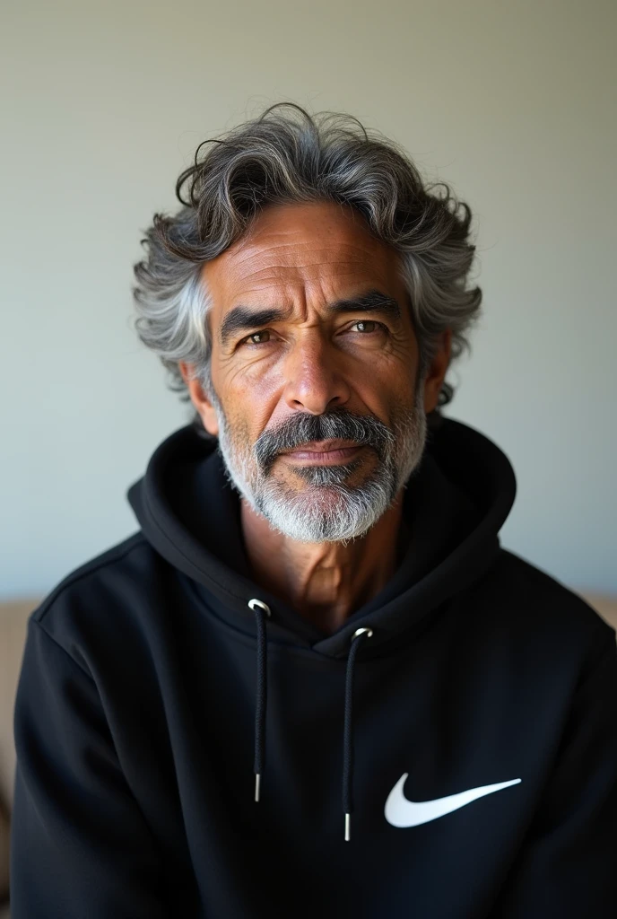 Image is a portrait-style photograph of a middle-aged man with a neutral expression. He has medium-length, curly gray hair and a full beard with a mix of gray and black hair. His skin tone is medium brown. He is wearing a black hoodie with a white Nike logo on the left side of the chest. The background is plain and light-colored, likely a wall, with a portion of a beige couch visible at the bottom of the frame. The lighting is soft and even, highlighting the details of his facial features and hair.