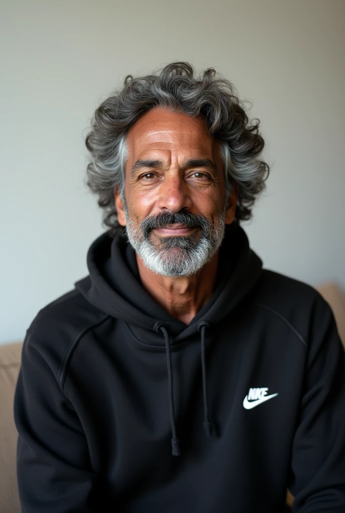 Image is a portrait-style photograph of a middle-aged man with a neutral expression. He has medium-length, curly gray hair and a full beard with a mix of gray and black hair. His skin tone is medium brown. He is wearing a black hoodie with a white Nike logo on the left side of the chest. The background is plain and light-colored, likely a wall, with a portion of a beige couch visible at the bottom of the frame. The lighting is soft and even, highlighting the details of his facial features and hair.