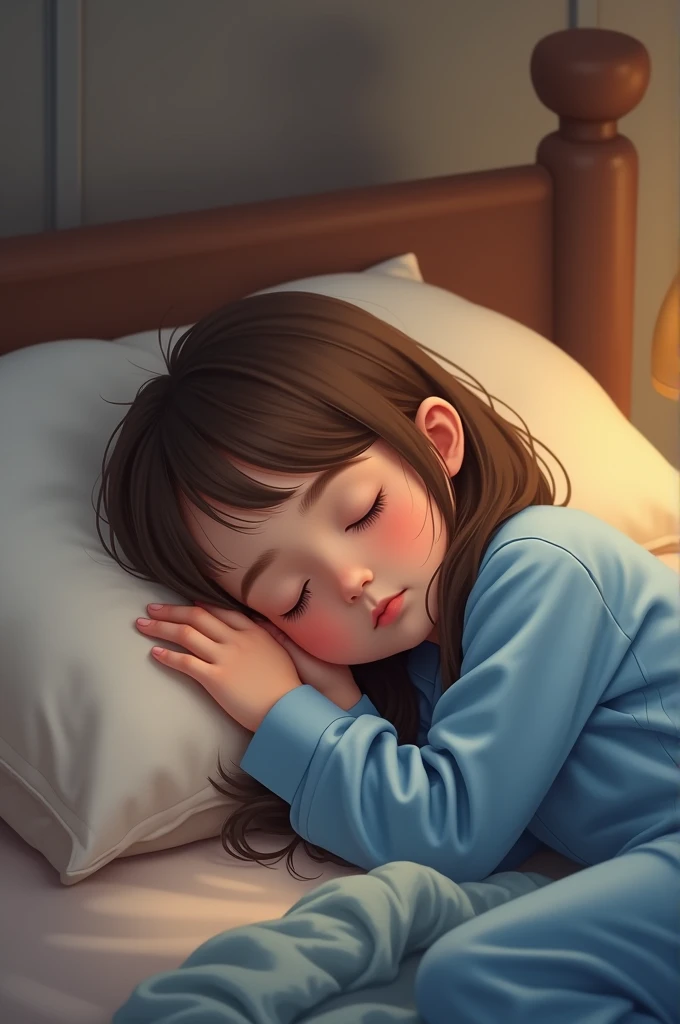 Brown haired girl sleeping in blue long sleeve pajamas

