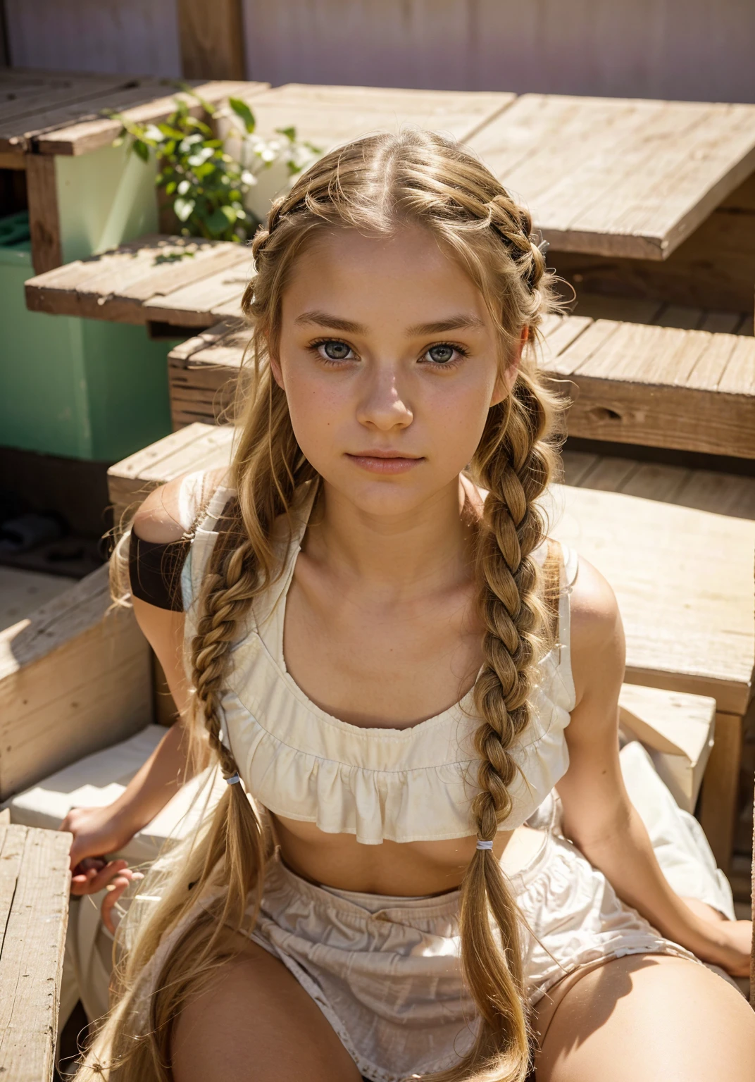 (Best quality,Realist),Girly Face,20 years,(Practical,photo-Practical:1.37),1 Girl,Beautiful young girl,16 years old,whole body,With a cute face and light eyes. Her long blond hair was tied into two cute little braids, Makes her look young and lively. She has natural beauty，Exudes a pure feeling. The focus of the image is the girl&#39;s facial expression, Capture her charm and charisma，White girl with twin ponytails，Sweet smile，(((sit在大学教室的座位上))，Wear a sexy short skirt，Overlooking，Big breasts， Wearing sexy clothes,  Big Ass, 照片由whole body拍摄, sit，University Classroom Background
