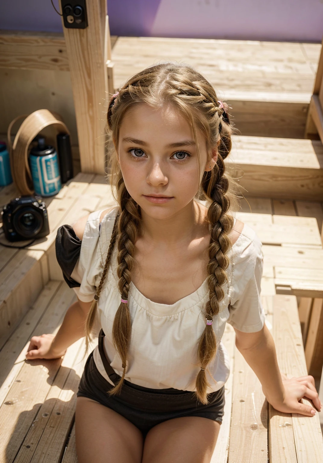 (Best quality,Realist),Girly Face,20 years,(Practical,photo-Practical:1.37),1 Girl,Beautiful young girl,16 years old,whole body,With a cute face and light eyes. Her long blond hair was tied into two cute little braids, Makes her look young and lively. She has natural beauty,Exudes a pure feeling. The focus of the image is the girl's facial expression, Capture her charm and charisma,White girl with twin ponytails,Sweet smile,(((sit在大学教室的座位上)),Wear a sexy short skirt,Overlooking,Big breasts, Wearing sexy clothes, Big Ass, 照片由whole body拍摄, sit,University Classroom Background
