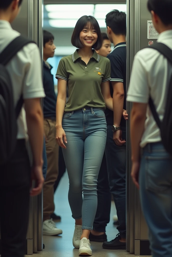 Crowded elevator　Up close　Leaning forward　A Japanese woman having her lower body touched by elementary school boys　smile　Short Bob　20-year-old　Smaller head　A tightly fitted polo shirt　plump thighs　Large lower body　chubby hips　Slender upper body　Tight jeans that are clearly visible　Adult