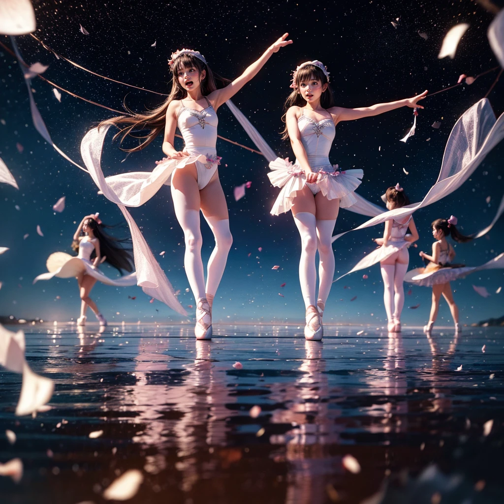 SFW, ExtremelyDetailed (((Kawaii Ballet Girls Group in a row:1.37))), Childish perfect face, Reflective Eyes, Detailed(Delicate Clothing textures), corrected hand, Dynamic Joyful Expressions LifeLike Rendering, (Specular Reflection:0.2), TopQuality 8K Ultra-detailed masterpiece (ProfessionalPhoto:1.37), (Acutance:0.8), (Luminism:1.28), ( Colorful Light particles:0.75), (Muscle:-0.5), facing away (from side ) (Clearly visible Beautiful hip shape)