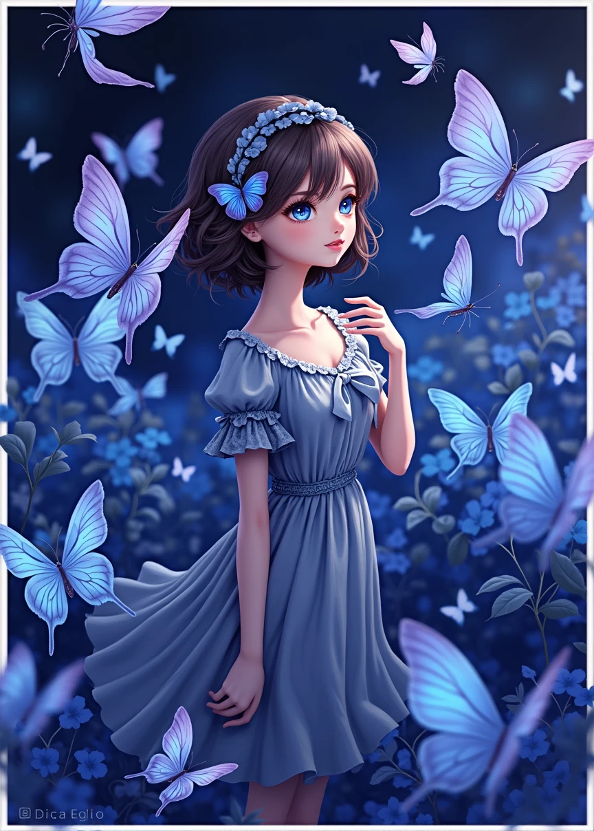 A girl in a garden with a blue butterfly, beautiful detailed eyes, beautiful detailed lips, extremely detailed eyes and face, long eyelashes, graceful movements, 1girl, digital art, high quality, 8k, hyperrealistic, intricate details, natural lighting, vivid colors, delicate, dreamy, ethereal, fantasy