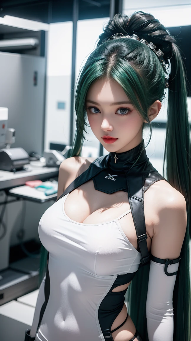 Young woman, makeup, neckline, white and black tight clothes, stands in a white room of a chemical laboratory, futuristic style, cgmech, cybernetic implants for arms and neck, green hair, long fox ears, mohawk hairstyle
