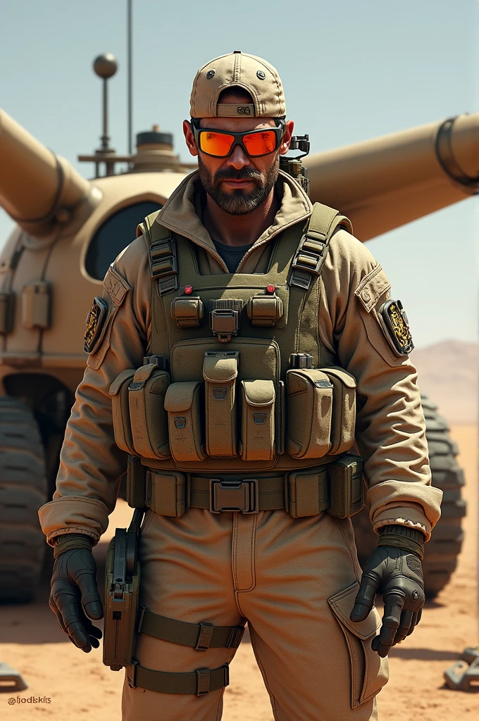 Draw the character Hank from the game Bloodstrike. His features are: -goatee beard -desert camouflage military suit -cap backwards in desert camouflage style -orange glasses -good physical appearance -adult of 30 years -winged turret next to him of about 1.10 meters