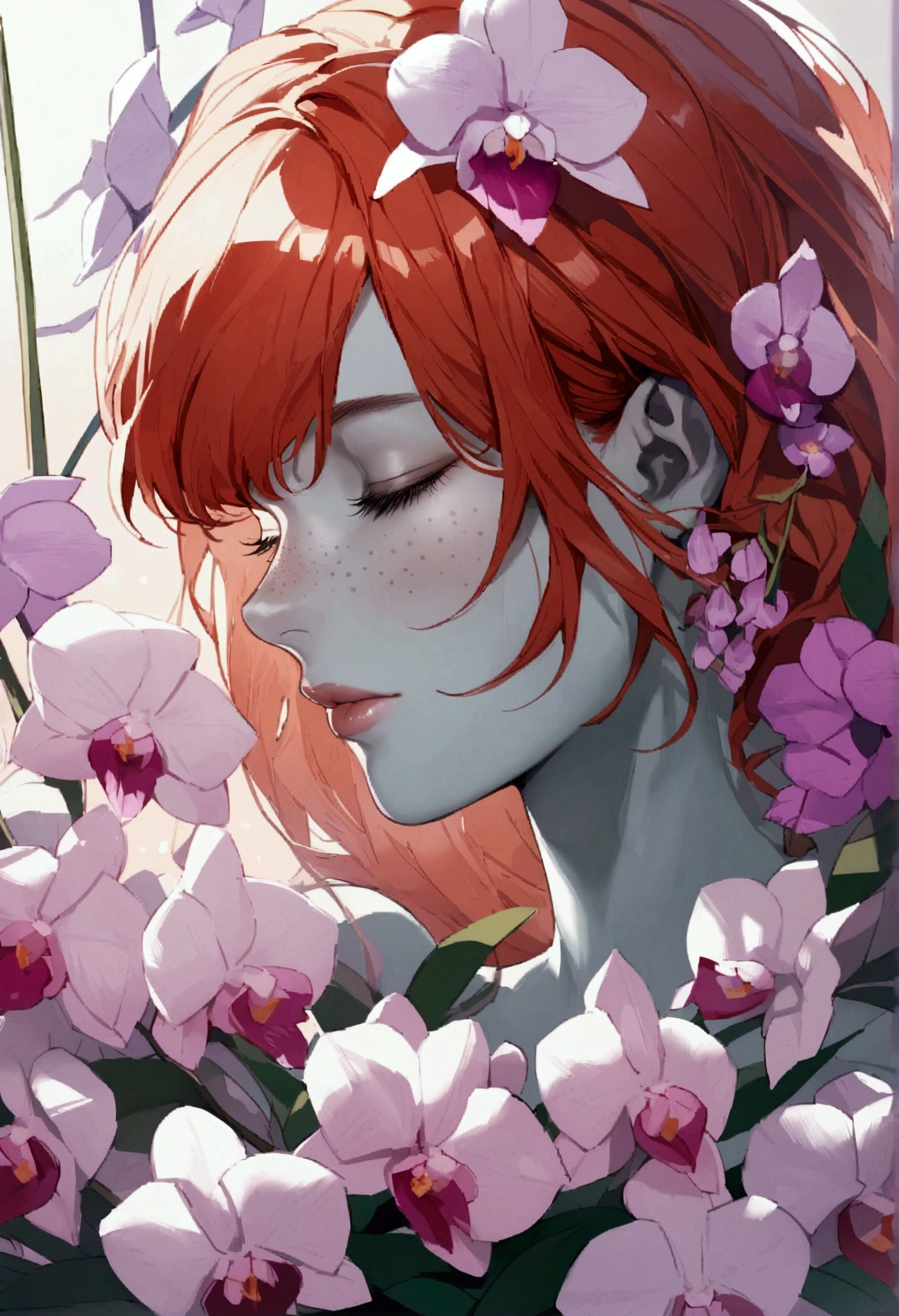 A serene and surreal scene, Portrait of a beautiful red-haired Scandinavian woman with freckles, In addition to very full lips'The face in profile emerging from a bouquet of orchid flowers, gray skin, close your eyes, sleep, vapor, dreamlike atmosphere and gently floating spheres.