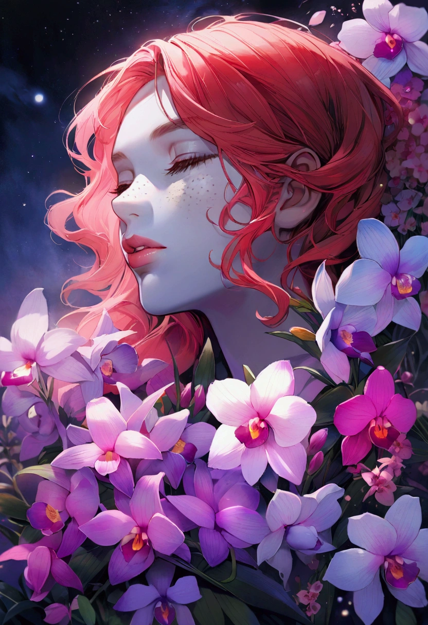 A serene and surreal scene, Portrait of a beautiful red-haired Scandinavian woman with freckles, In addition to very full lips&#39;The face in profile emerging from a bouquet of orchid flowers, gray skin, close your eyes, sleep, vapor, dreamlike atmosphere and gently floating spheres.