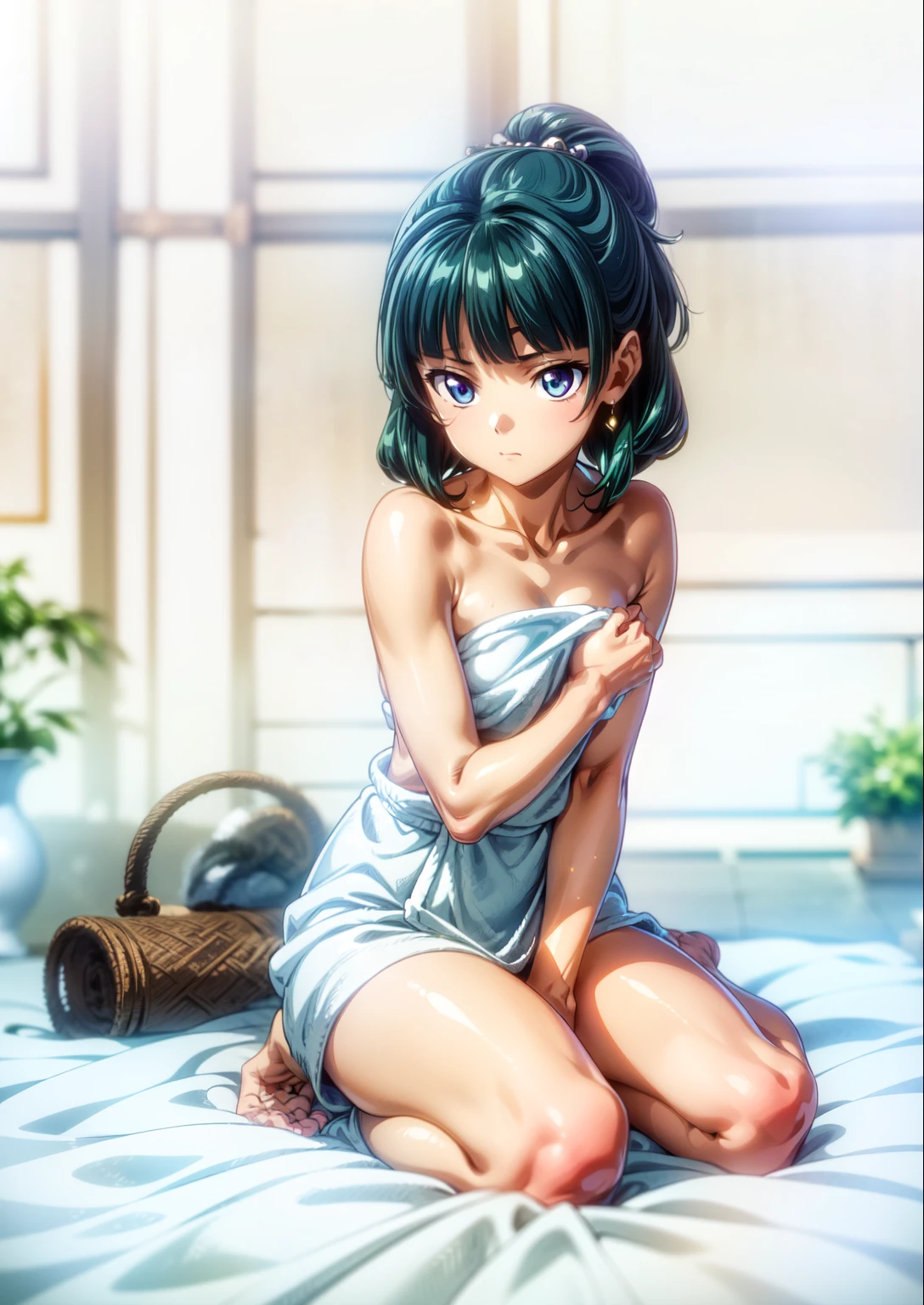 (Masterpiece, High Quality, Top quality, High-Detailed, Detailed CG, Cinematic Shadow, Cinematic Scene, Beautiful Detailed Eyes, Ultra Resolution, Depth of Field, High Resolution, Masterpiece: 1.2), Anime Art style, Very Detailed, Dynamic Angle, Teen Style, Detailed Green Hair, Detailed Blue Eyes, Purple Eye, Slim Body, Sparkling Eyes, Sparkling Detailed Eyes, Hair Accessory, Earrings, Slightly Blunt Bangs, Looking the Audience, (Embarrassing Expression:1.2), (Towel:1.2), (White Towel), (Almost Naked), (Naked Towel), (Anime Girl Holding a Towel to cover it's body), (Only wear Towel:1.2), (Cover Body With Towel), Good Composition, Hand, weat, Thick Thighs, Small Breasts, Small Size Breasts, Blur Background, Chinese Architectures