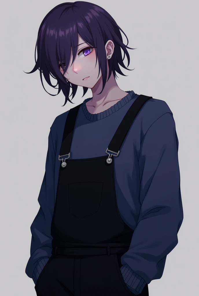 AGE: 23 years old Male Measures 1.75 Dark purple hair, with a length a little above the shoulders Dark purple eyes Has a mysterious but sweet personality Wears a dark blue sweater with black overalls with earrings in the left ear emo style