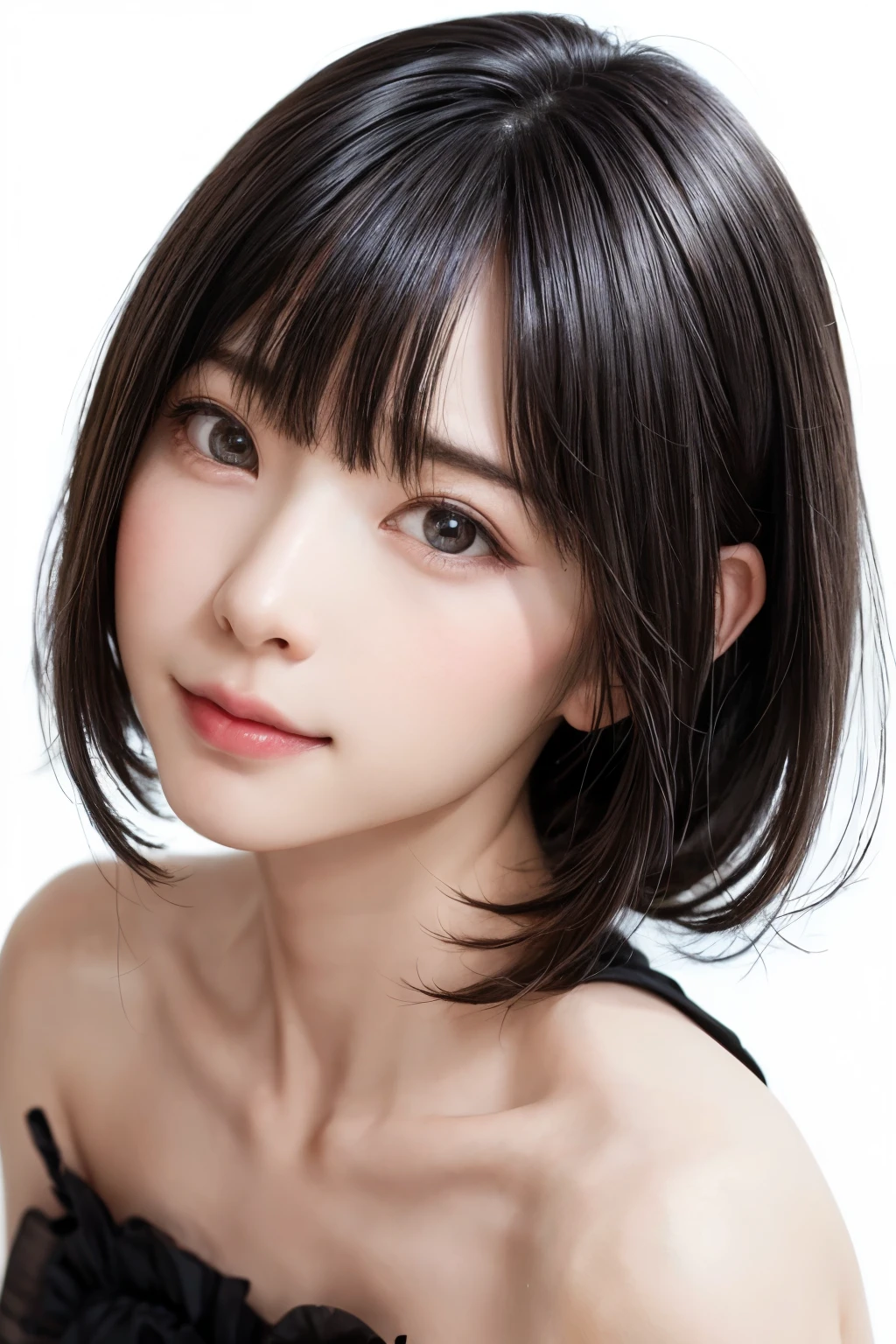 ((masterpiece, Highest quality, High resolution、Realisticですべてが美しく詳細に描かれている)), 1 girl, (Realistic: 1.4), alone, White Background, snow-White Background, Mouth closed, smile, smile, Beautiful black hair, short hair, Big eyes, Transparent double eyelids, eyelash, Listen carefully, Long neck, 美しくLong neck, Absolute area, ((Face close-up)), (Draw the whole head, shoulder), 19 years old, Attractive proportions, Glowing Skin, Beautiful clavicle, Golden ratio face, Perfect Face, Teardrop-shaped mole, chestのほくろ, bangs, clean bangs, beautiful bangs, Lip gloss, Thin lips, Fair skin, naked, Big Breasts, {Huge|big|Hugeな|Mega} chest:2, chestの谷間:2,chestの谷間を見せる、Small face, Small face, All the heads are painted, shoulder all drawn, Point slightly above the camera