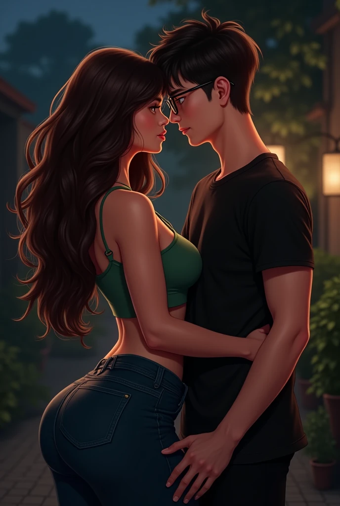 Brown haired girl, big boobies,
green and short blouse , big ass in pants hugging a boy with glasses and black hair in a black shirt, at night