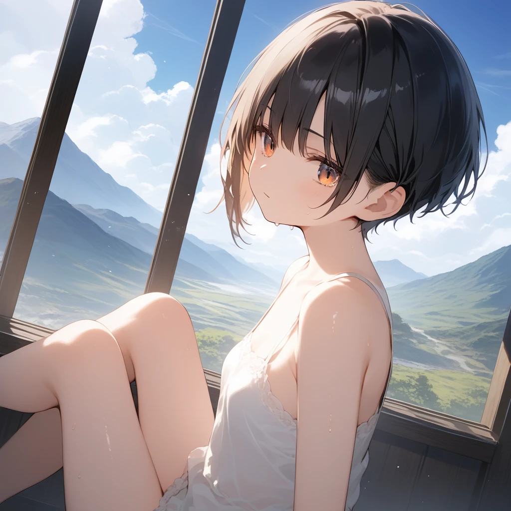 score_9, score_8_up, score_7_up, source_anime, best quality, masterpiece, official art, absurdres, highres, ultra-detailed,waifu2x,Collection: Pixiv 1000,break,1girl, tomboy, mountain girl, very short hair, pixie cut, small breasts, slender, thighs, beautiful detailed eyes,  expressionless, sweat, sleepily, (disgust:0.3), mountain, outdoors, break,(clear line illustration:1.2), super detailed skin, shiny skin, very high resolution, very aesthetic, Best sexual lighting powered by famous artist, 4k, 8k, 16k, cute picture, beauty illustration,photoshop_(medium),,(Detailed Lighting),best anime 8k konachan wallpaper, pixiv contest winner, 