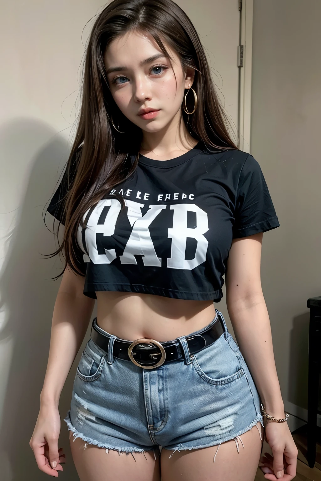 Beautiful 18 year old brunette girl wearing big earrings and t-shirt and high waisted denim shorts with belt and wearing belly button piercing