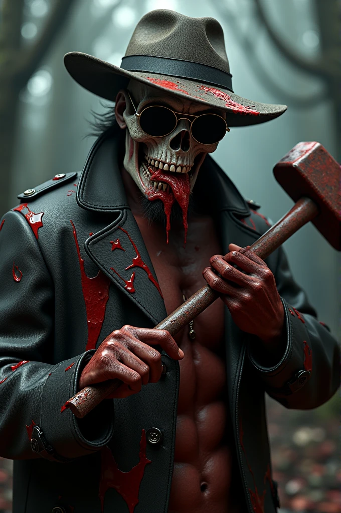 A striking and chilling 3D render grunge portrait of the enigmatic Voodoo god, Kalfu. This alpha male is drenched in blood, exuding an unsettling charm as he dons a stylish hat and sunglasses, eats raw meat with dominance. His skull-like face is partially revealed due to the tilted hat, while he holds a massive, blood-drenched and rusted sledgehammer in the other hand, aiming it ominously towards the camera. The haunting and powerful aura surrounding Kalfu is amplified by the dark and mysterious haunted landscape grunge background, featuring ominous apparitions and a sense of impending doom.