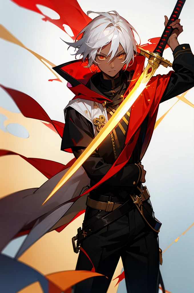 16 year old boy with dark skin, white hair and golden eyes with a red sword