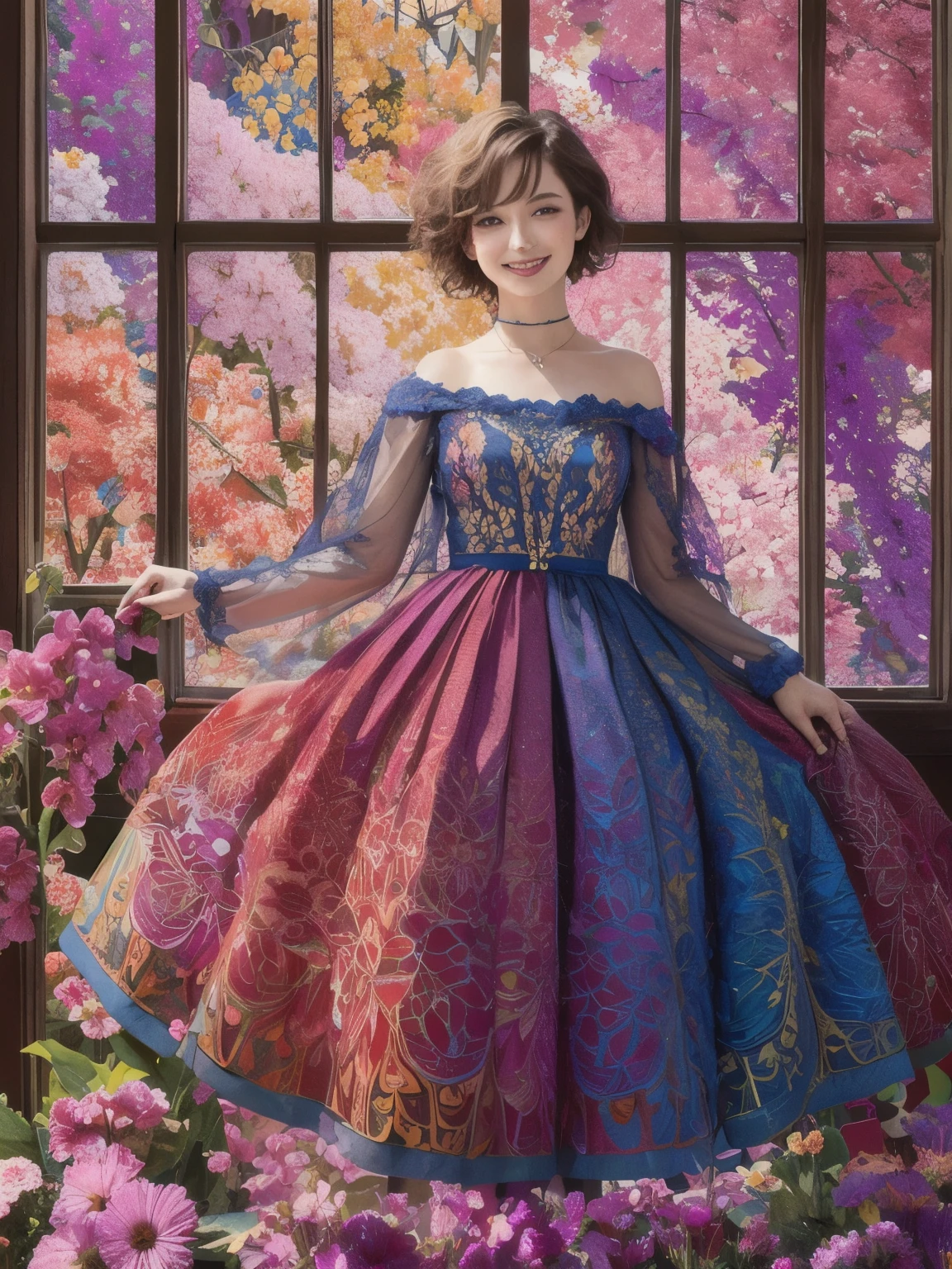 271 (20-year-old woman,short hair), (masterpiece, Highest quality, beautiful:1.2), Very detailed, (Fractal Art:1.1), (colorful:1.1), (flower:1.3), whole body, (Abstract background:1.3), (Many colors:1.4), (Old-fashioned smile), (window)